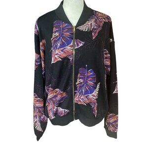 IMAN black leaf pattern long sleeve zip up bomber jacket sweatshirt women's M
